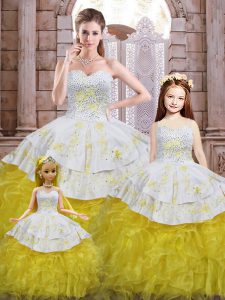 Dramatic Yellow And White Sweetheart Neckline Beading and Appliques and Ruffles Vestidos de Quinceanera Sleeveless Lace Up