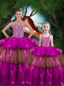 Beading and Ruffled Layers 15 Quinceanera Dress Fuchsia Lace Up Sleeveless Floor Length