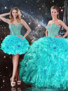 Spectacular Aqua Blue Ball Gowns Sweetheart Sleeveless Organza Floor Length Lace Up Beading and Ruffles 15th Birthday Dress