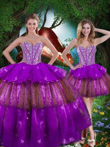 Sexy Multi-color Lace Up Sweetheart Beading and Ruffled Layers and Sequins Quinceanera Dress Organza Sleeveless