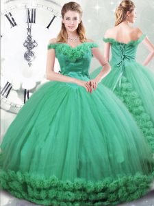 Turquoise Ball Gowns Hand Made Flower Sweet 16 Dresses Lace Up Fabric With Rolling Flowers Sleeveless