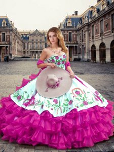 Floor Length Lace Up 15 Quinceanera Dress Fuchsia for Military Ball and Sweet 16 and Quinceanera with Embroidery and Ruffled Layers