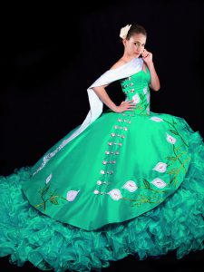 Latest Turquoise Lace Up Sweetheart Embroidery and Ruffles 15th Birthday Dress Organza Sleeveless Brush Train