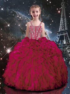 Hot Pink Sleeveless Floor Length Beading and Ruffles Lace Up Winning Pageant Gowns