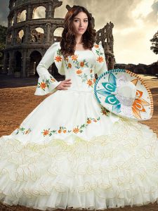 Customized Embroidery and Ruffled Layers Quinceanera Gowns White Lace Up Long Sleeves Floor Length