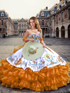 Great Orange Ball Gowns Embroidery and Ruffled Layers Quince Ball Gowns Lace Up Organza Sleeveless Floor Length