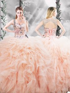 Peach Ball Gowns Straps Sleeveless Tulle Floor Length Lace Up Beading and Ruffles Sweet 16 Quinceanera Dress