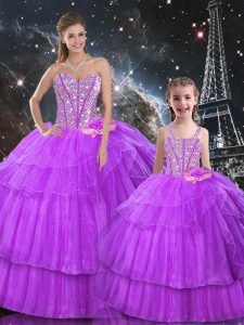 Purple Sweetheart Neckline Beading and Ruffled Layers 15th Birthday Dress Sleeveless Lace Up