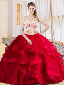 Best Selling Beading and Ruffles Ball Gown Prom Dress Red Criss Cross Sleeveless Floor Length
