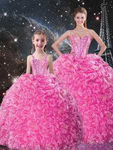 Smart Sweetheart Sleeveless Quince Ball Gowns Floor Length Beading and Ruffles Rose Pink Organza