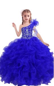One Shoulder Sleeveless Pageant Dress Wholesale Floor Length Beading and Ruffles Royal Blue Organza