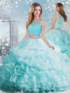 Shining Aqua Blue Two Pieces Organza Scoop Sleeveless Beading and Ruffles and Pick Ups Floor Length Clasp Handle 15 Quinceanera Dress