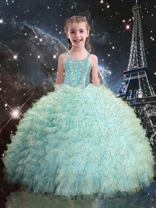 On Sale Straps Sleeveless Lace Up Kids Pageant Dress Aqua Blue Organza