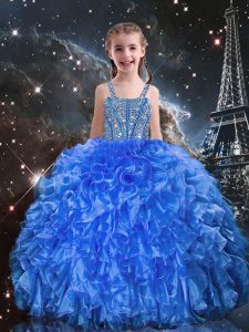 Floor Length Blue Kids Pageant Dress Organza Sleeveless Beading and Ruffles