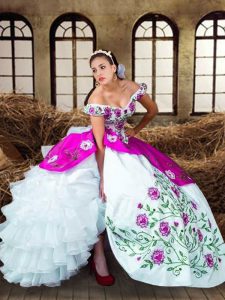 Sleeveless Taffeta Floor Length Lace Up Quinceanera Dress in Multi-color with Embroidery and Ruffled Layers