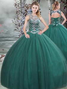 Flare Scoop Sleeveless Tulle 15 Quinceanera Dress Beading Lace Up