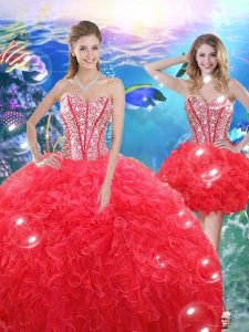 Fancy Coral Red Sweetheart Lace Up Beading and Ruffles Quinceanera Gowns Sleeveless