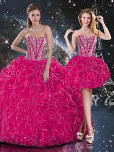 Beauteous Hot Pink Organza Lace Up Vestidos de Quinceanera Sleeveless Floor Length Beading and Ruffles