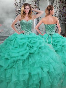 Turquoise Sleeveless Floor Length Beading and Ruffles Lace Up Quince Ball Gowns