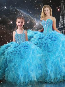 Aqua Blue Sleeveless Beading and Ruffles Floor Length Quinceanera Dresses