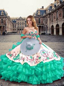 Best Selling Turquoise Organza Lace Up Sweetheart Sleeveless Floor Length Vestidos de Quinceanera Embroidery and Ruffled Layers