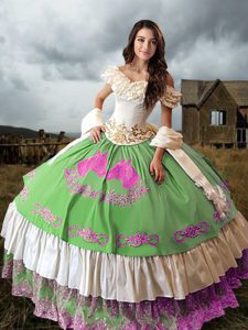 Taffeta Off The Shoulder Sleeveless Lace Up Embroidery and Ruffled Layers Quinceanera Gown in Multi-color