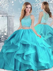 Ball Gowns Ball Gown Prom Dress Aqua Blue Scoop Organza Sleeveless Floor Length Clasp Handle