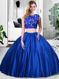 Glamorous Scoop Sleeveless Quince Ball Gowns Floor Length Lace and Ruching Royal Blue Taffeta