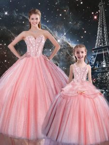 Best Selling Sweetheart Sleeveless Sweet 16 Dress Floor Length Beading Pink Tulle