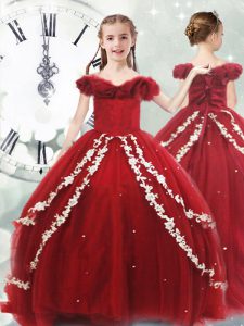 Inexpensive Wine Red Sleeveless Brush Train Appliques Kids Pageant Dress
