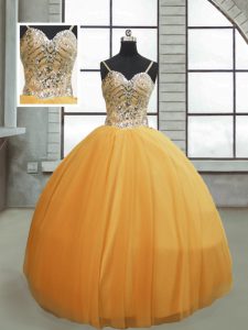 Gorgeous Gold Quinceanera Dress Military Ball and Sweet 16 and Quinceanera with Beading Spaghetti Straps Sleeveless Lace Up