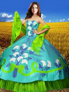 Multi-color Ball Gowns Embroidery Quince Ball Gowns Lace Up Taffeta Sleeveless Floor Length