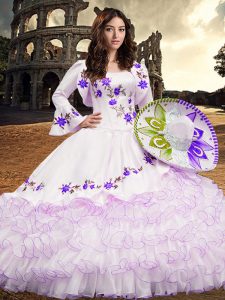 Vintage White Ball Gowns Organza Square Long Sleeves Embroidery and Ruffled Layers Floor Length Lace Up Quinceanera Gown