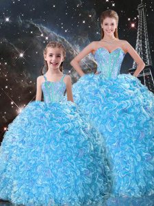 Great Baby Blue Sleeveless Floor Length Beading and Ruffles Lace Up Quince Ball Gowns