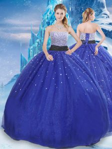 Comfortable Sleeveless Floor Length Beading and Sequins Lace Up Quinceanera Gowns with Royal Blue