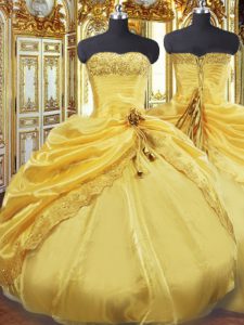 Floor Length Lace Up Quinceanera Dress Gold for Military Ball and Sweet 16 and Quinceanera with Beading and Pick Ups