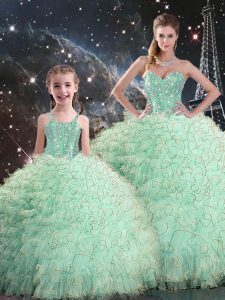 Apple Green Sleeveless Floor Length Beading and Ruffles Lace Up Sweet 16 Quinceanera Dress