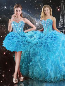 Floor Length Aqua Blue Quince Ball Gowns Sweetheart Sleeveless Lace Up