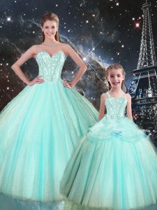 Turquoise Tulle Lace Up Sweetheart Sleeveless Floor Length Vestidos de Quinceanera Beading