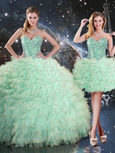 Dynamic Floor Length Apple Green 15 Quinceanera Dress Organza Sleeveless Beading and Ruffles