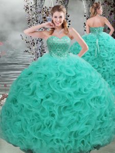 Turquoise Sleeveless Fabric With Rolling Flowers Brush Train Lace Up Quinceanera Gown for Military Ball and Sweet 16 and Quinceanera
