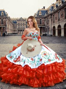 Orange Red Organza Lace Up Quinceanera Gowns Sleeveless Floor Length Embroidery and Ruffled Layers