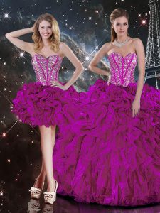 Colorful Fuchsia Ball Gowns Beading and Ruffles Ball Gown Prom Dress Lace Up Organza Sleeveless Floor Length