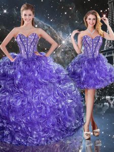 Decent Organza Sweetheart Sleeveless Lace Up Beading and Ruffles 15th Birthday Dress in Purple