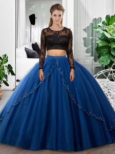 Colorful Blue Long Sleeves Tulle Backless Quinceanera Gown for Military Ball and Sweet 16 and Quinceanera
