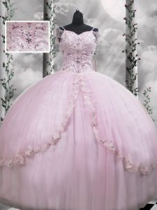 Simple V-neck Cap Sleeves Sweet 16 Dress Brush Train Beading and Appliques Lilac Tulle