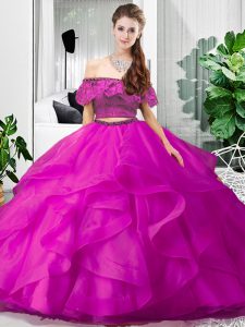 New Style Fuchsia Two Pieces Off The Shoulder Sleeveless Tulle Floor Length Lace Up Lace and Ruffles Sweet 16 Quinceanera Dress