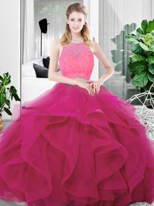 Extravagant Fuchsia Two Pieces Scoop Sleeveless Tulle Floor Length Zipper Lace and Ruffles Sweet 16 Dress