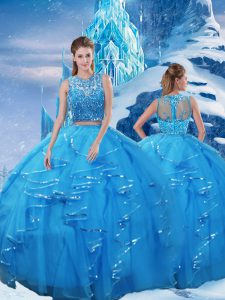 Two Pieces Sweet 16 Quinceanera Dress Baby Blue Scoop Tulle Sleeveless Floor Length Zipper