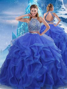 Most Popular Halter Top Sleeveless Organza 15th Birthday Dress Beading and Ruffles Zipper
